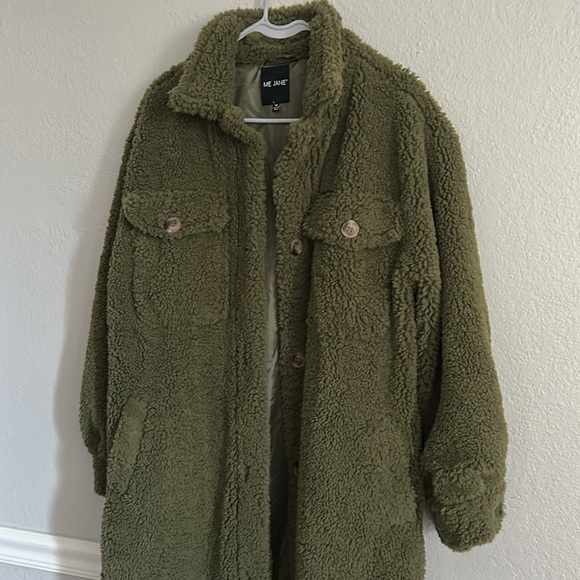 NWOT Me Jane Teddy jacket, long, olive green, women’s size medium. - Picture 2 of 7